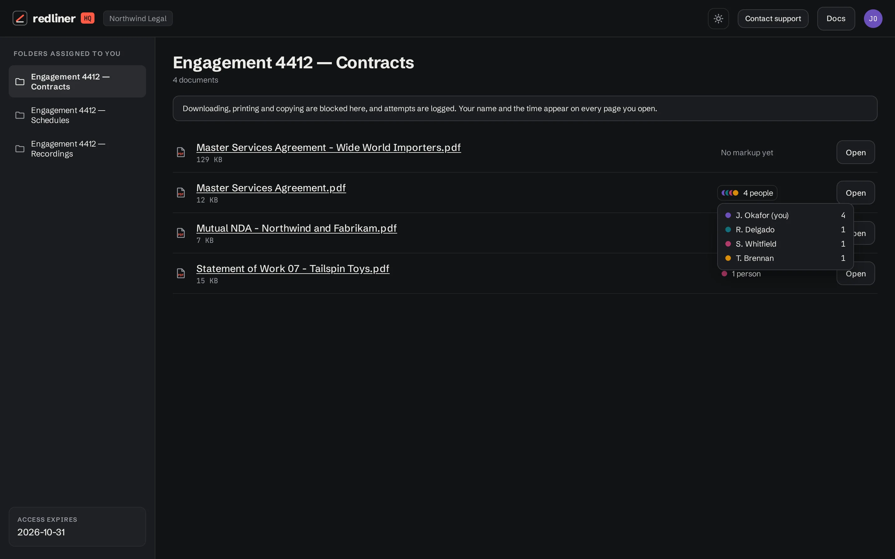 The Documents page with assigned folders and PDF files