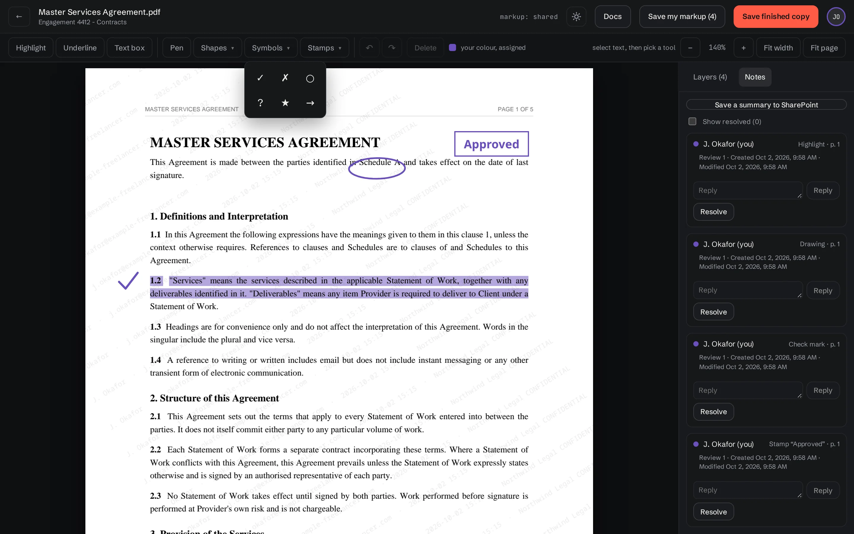 PDF markup tools with a symbol palette, pen marks and an Approved stamp
