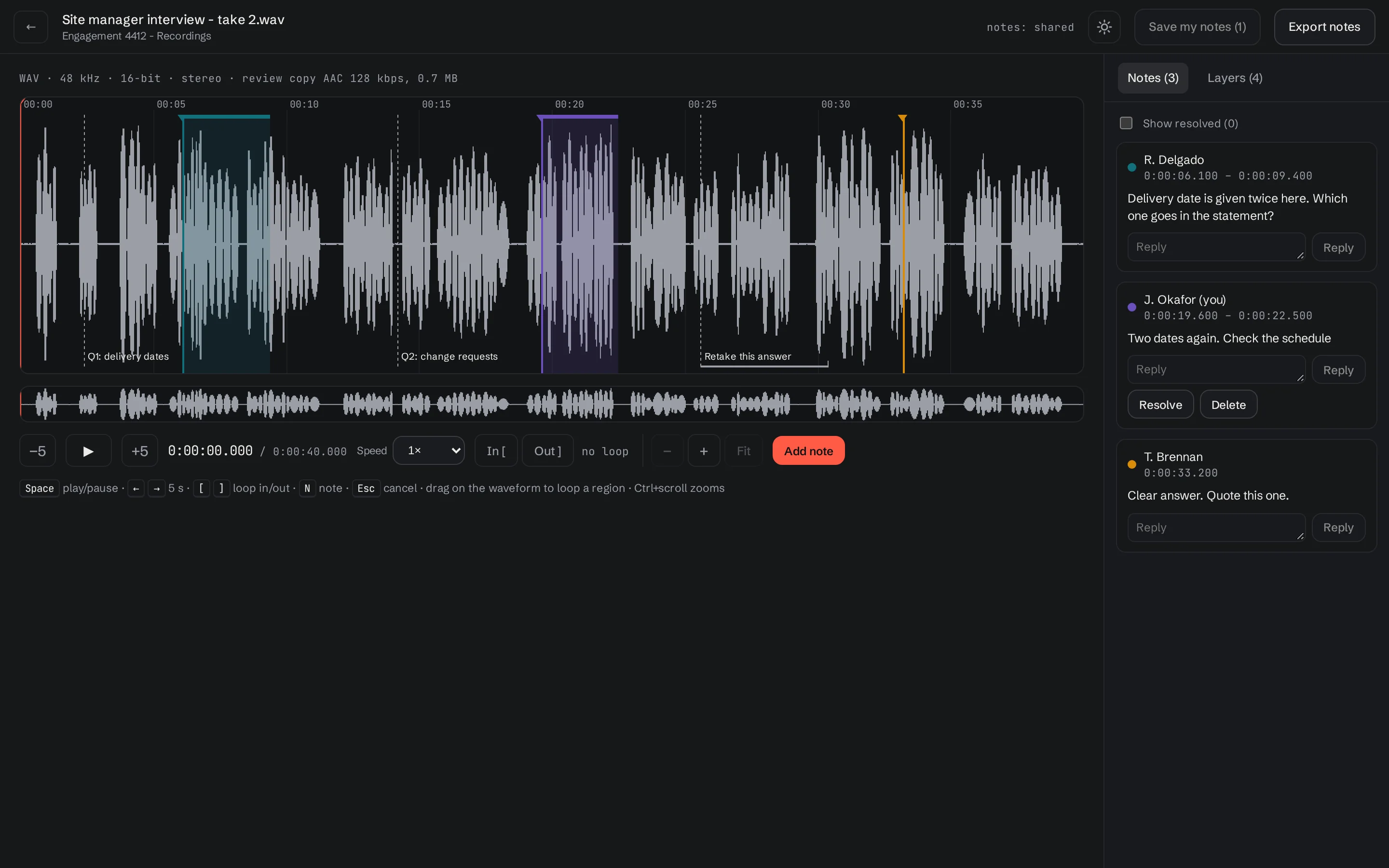The audio player: a waveform with markers from a REAPER project, coloured regions for notes, and the notes of three reviewers in the side panel