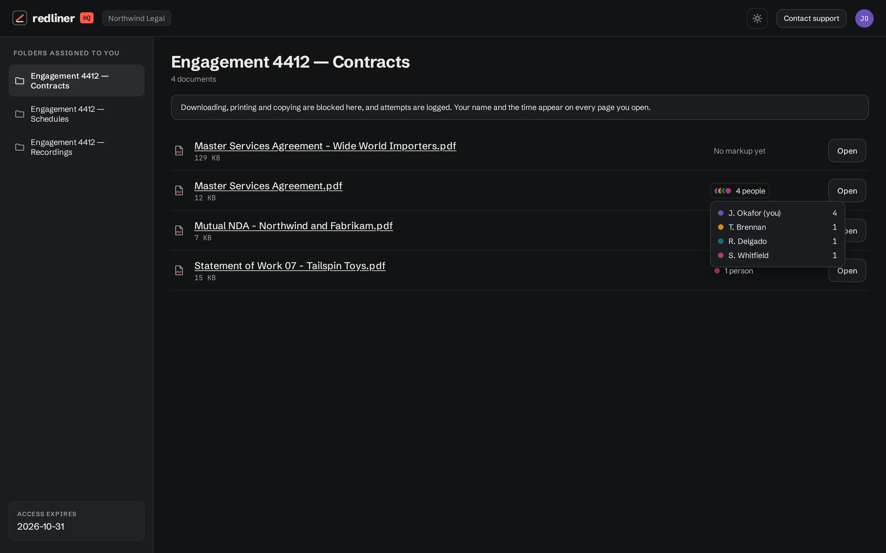 The document list: folders and PDFs, with a column showing who has marked each one up