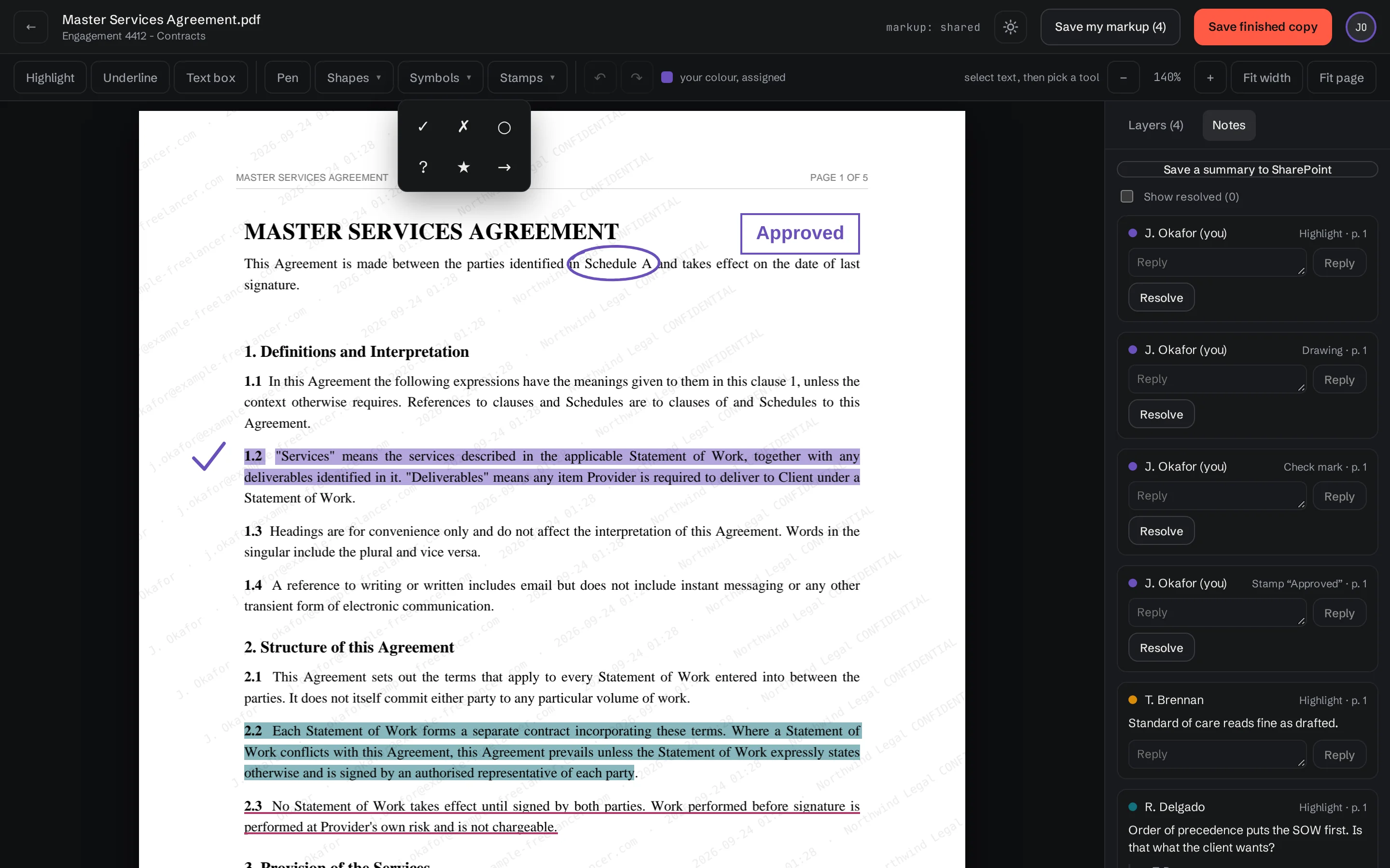 The viewer with the symbol palette open: a pen loop round two words, a check mark beside a highlighted clause and an Approved stamp on the page